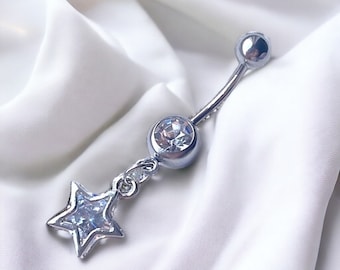 Y2k 2000s silver bratz inspired silver diamond rhinestone star dangling belly piercing bar ring body jewellery