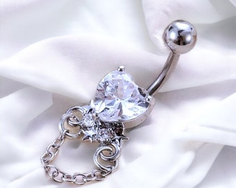Y2k 2000s silver bratz inspired diamond rhinestone dangling heart chain belly button piercing belly bar ring jewellery valentines gift