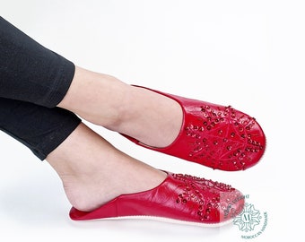 Moroccan Babouche Slippers with Sequins, Red Womens House Slippers, Cute Leather Slippers, Handmade From Soft Organic Leather