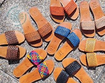 Sandales Marocaines en Cuir Tressé pour Femmes, Sandales Marocaines en Cuir Faites à la Main, Sandales d'Été Artisanales, Sandales Colorées