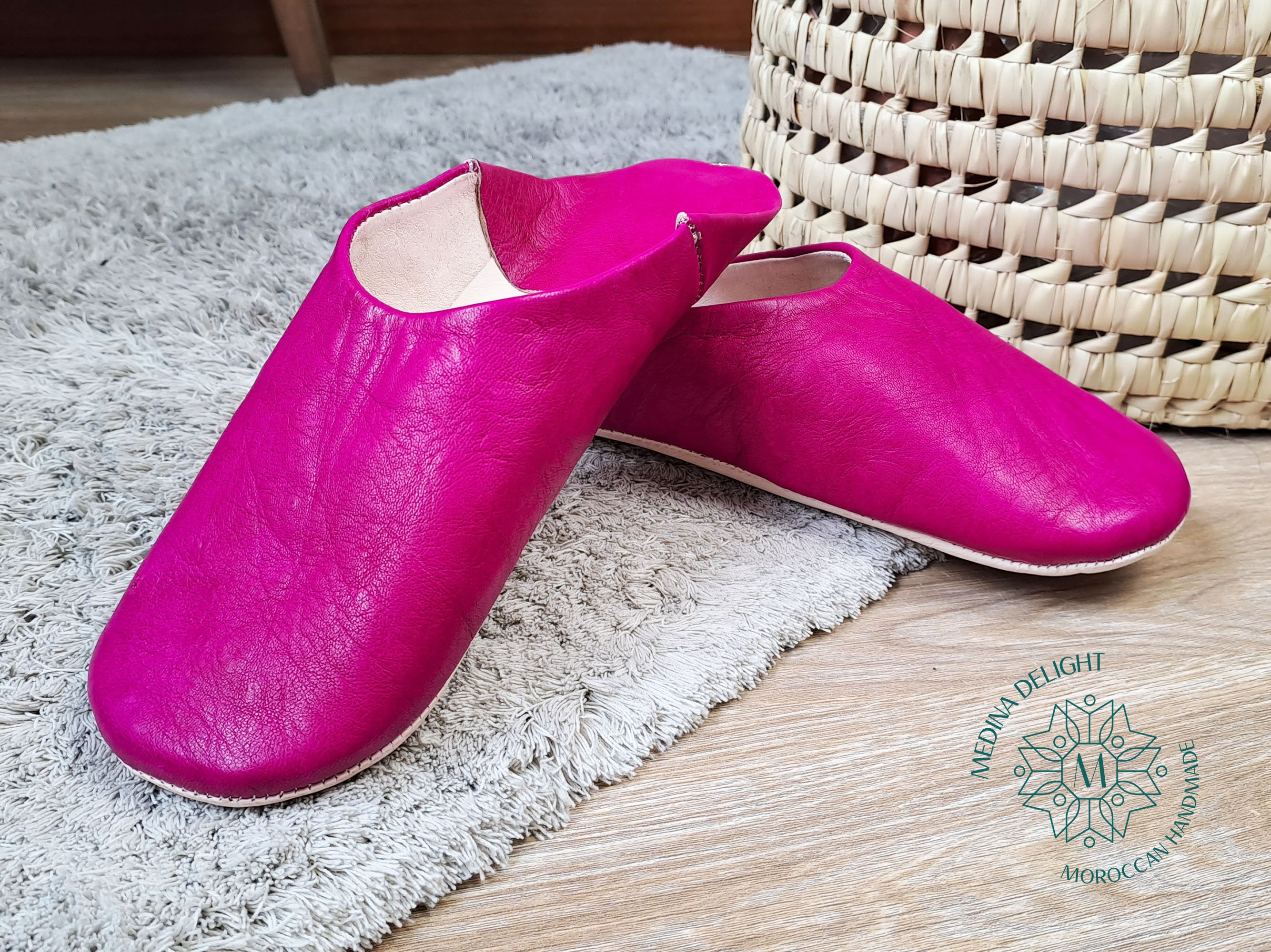Babouches Marocaines Fuchsia En Cuir Naturel, Babouche Fait Main à  
