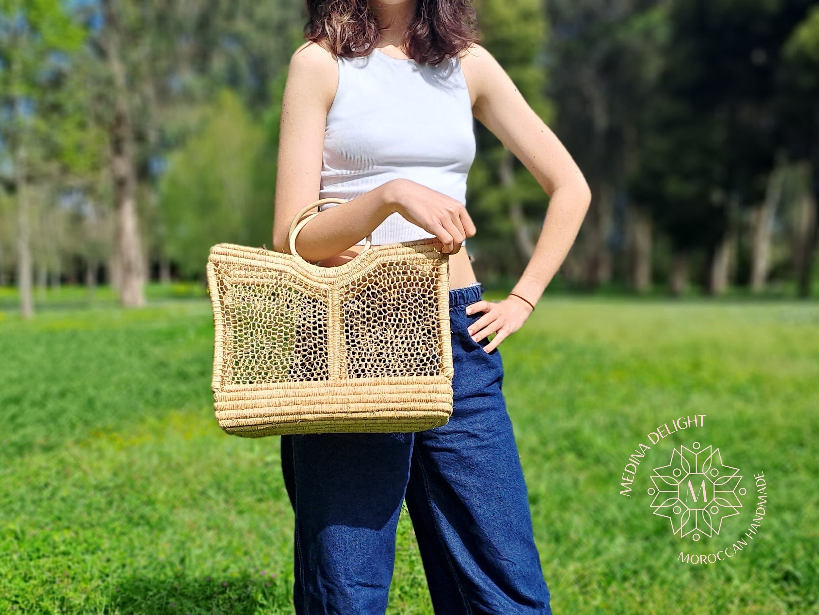 Boho Raffia Crochet Basket for Women Eco-friendly Picnic Bag for ...