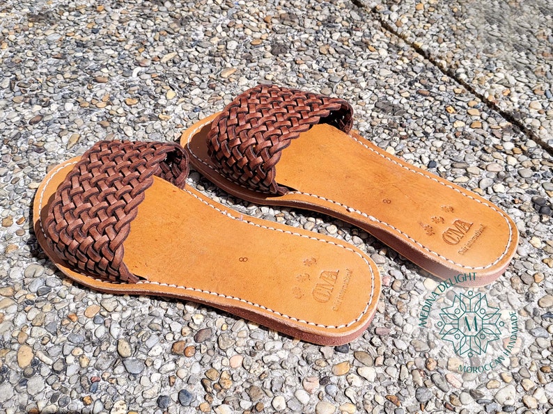 Sandales Marocaines en Cuir Tressé pour Femmes, Sandales Marocaines en Cuir Faites à la Main, Sandales d'Été Artisanales, Sandales Colorées Dark Brown