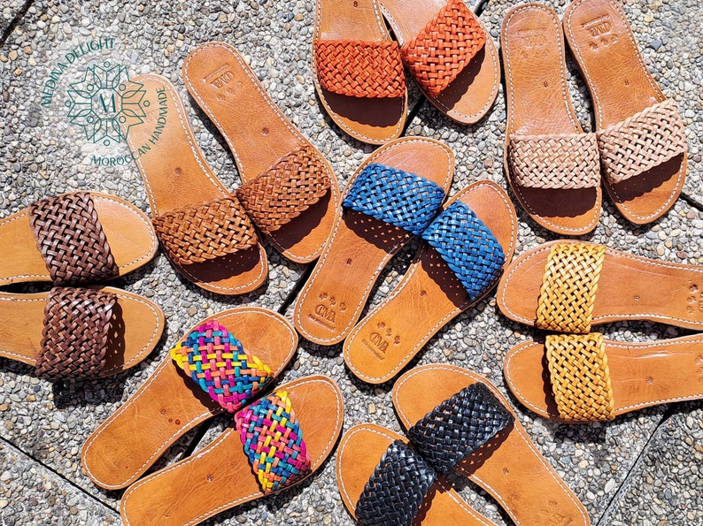 Sandales Marocaines en Cuir Tressé pour Femmes, Sandales Marocaines en Cuir Faites à la Main, Sandales d'Été Artisanales, Sandales Colorées image 1