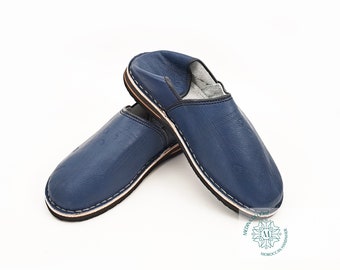Mens Moroccan Leather Babouche Slippers: Handmade Blue Grey 