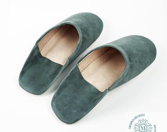 Chaussons Marocains Plats En Daim Bleu - Taille 6 (37 EU), Fait Main Au Maroc