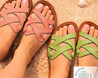 Leather Sandals Interlaced Slides Moroccan Summer Flat Sandals Handmade Women’s Slip-On Shoes