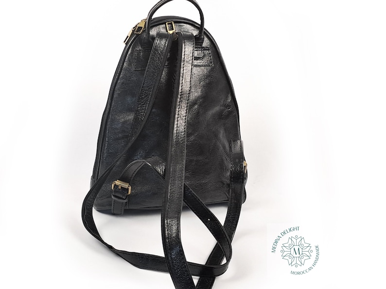 Mochila de Cuero Hecha a Mano, Mochila de Cuero Genuino para Mujeres, Mochila de Viaje Vintage de Cuero, Bolso Artesanal Marroquí Black