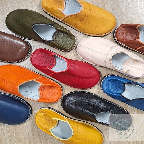 Babuchas Marroquíes de Cuero Orgánico Hechas a Mano, Zapatillas de Cuero para Mujeres y Hombres, Zapatos de Cuero Marroquíes Teñidos a Mano