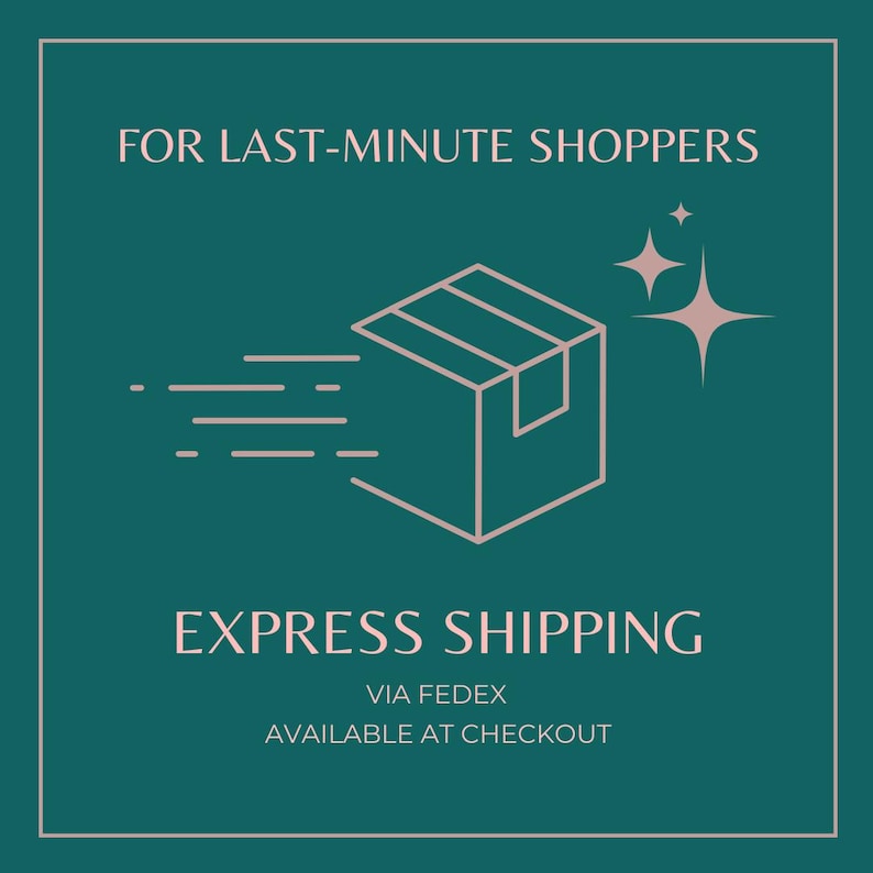 May include: A teal green background with white text that reads "FOR LAST-MINUTE SHOPPERS". A brown line drawing of a box with a starburst behind it. The box is moving to the right with brown lines representing speed. The text "EXPRESS SHIPPING" is in white. Below that is the text "VIA FEDEX" and "AVAILABLE AT CHECKOUT" in white.