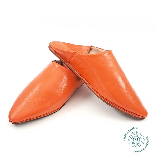 Babouches Pointues Marocaines Orange, Babouche Faites à la Main, Pantoufles en Cuir pour Femmes, Babouches Intérieures et Extérieures