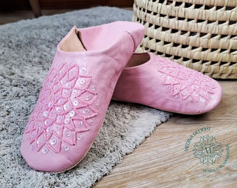 Pink Moroccan Leather Slippers With Sequin, Womans House Slippers Handmade From Organic Soft Leather