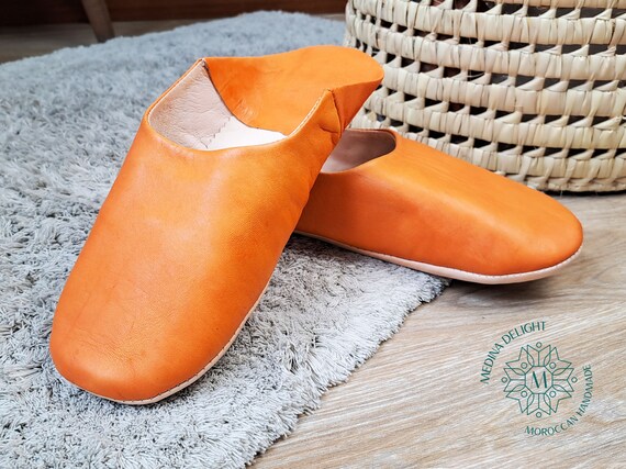Orange Moroccan Leather Slippers Womens House Slippers Handmade From Organic Soft Leather and Dyed With Natural Color Moroccan Babouches Etsy Canada