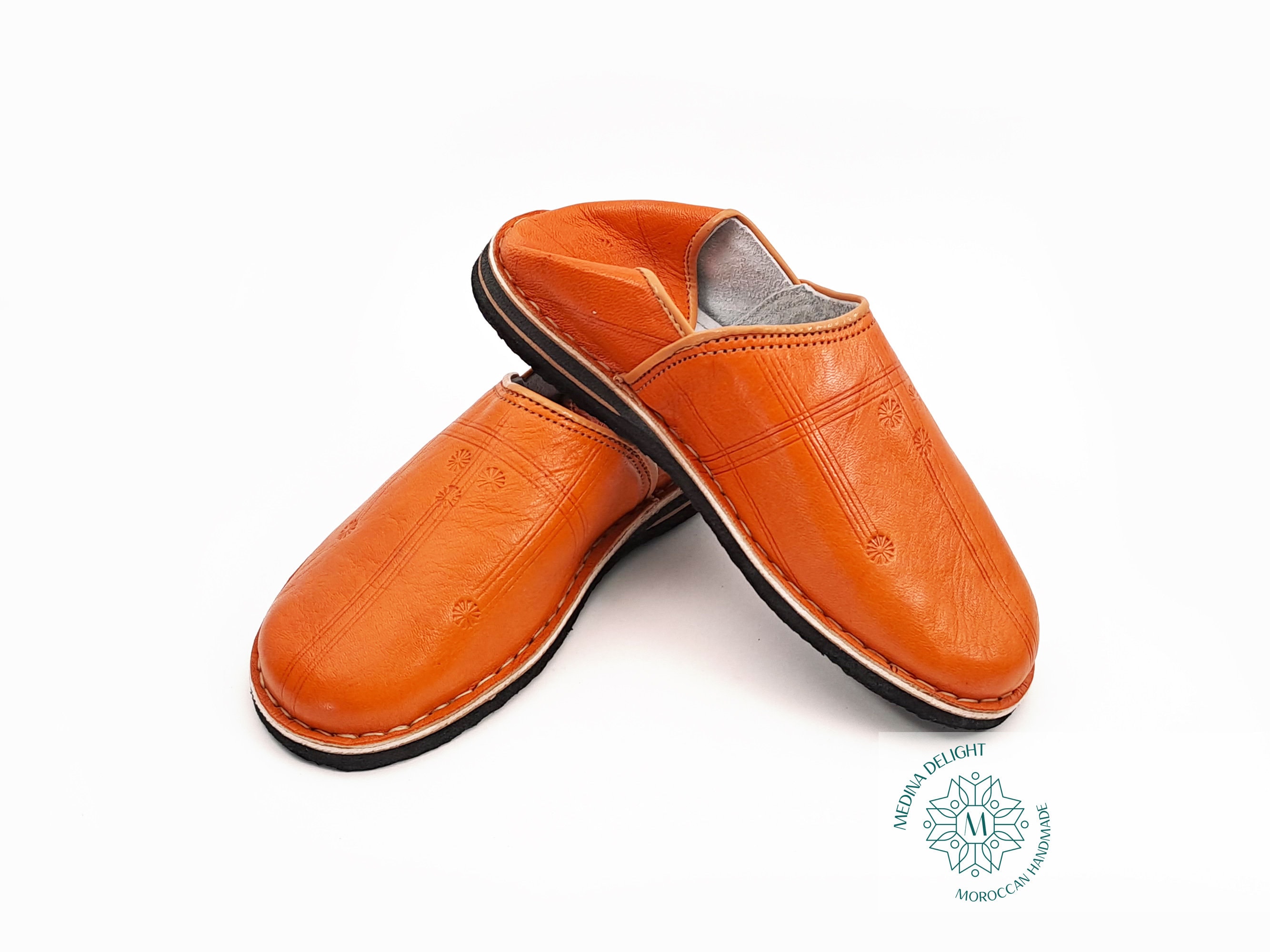 Moroccan Babouche Leather Slippers Mule Orange Handmade Men Sz 13 Orange Moroccan Leather Slippers: Handmade Organic Babouches  main image 2