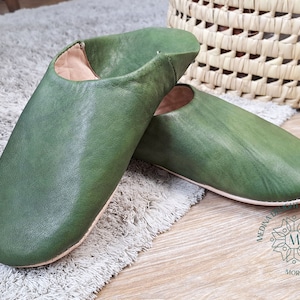 Olive Moroccan Leather Babouche Slippers, Womens House Slippers, Handmade From Organic Soft Leather and Dyed With Natural Color