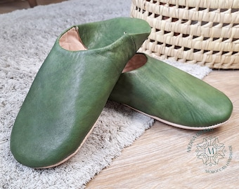 Olive Green Moroccan Leather Babouche Slippers, Handmade Womens House Shoes
