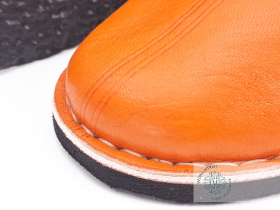 Moroccan Babouche Leather Slippers Mule Orange Handmade Men Sz 13 Orange Moroccan Leather Slippers: Handmade Organic Babouches  main image 4
