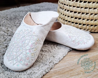 White Moroccan Sequin Babouche Slippers, Handmade From Soft Leather and Embellished with Sequins, Star Design Mules, Womans Slippers