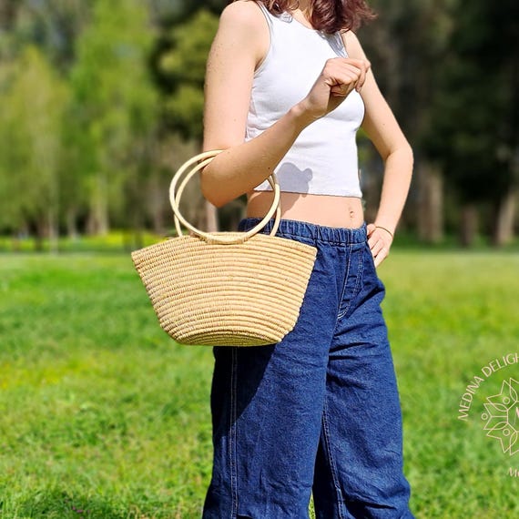 Sac Marocain en Raphia Fait Main avec Poignée en rotin, Panier de