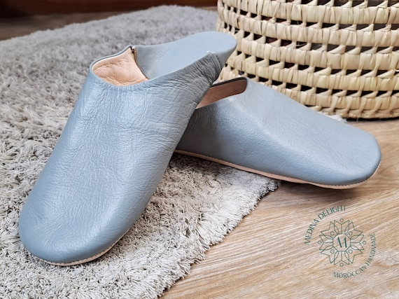 Buy Grey Moroccan Leather Babouche Slippers Womens House Slippers