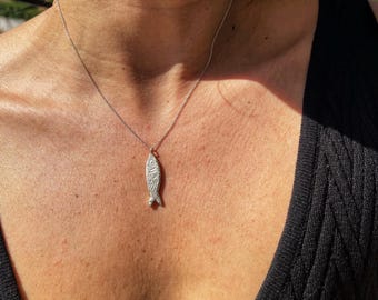 Sterling Silver Fish Pendant: Minimalist Ocean Necklace, Greek Design
