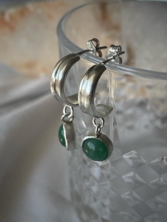 Sterling Silver Green Aventurine Dangle Earrings, minimalist stone hoops, Minimalist Jewelry, green stone hoops, aventurine earrings