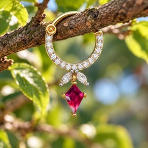 May include: A gold hoop ring featuring a row of small clear stones along the upper arc. A dangling charm hangs from the center, consisting of two marquise-cut clear stones above a single kite-shaped, deep pink gemstone set in gold.
