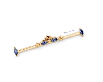Bilanciere industriale in oro 14 carati con gemme blu a taglio marquise / Elegante gioiello per piercing industriale / Barretta per cartilagine unica