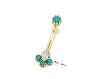 14K Gold Turquoise Heart Belly Ring with Lab Diamond Navel Piercing Jewelry