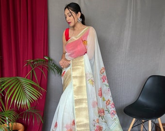 Pichwai Print Sarees,Silk Saree With Organza Silk,Designer Traditional Soft Silk Saree,Indian Saree With Unstitched Blouse,Saree for Women