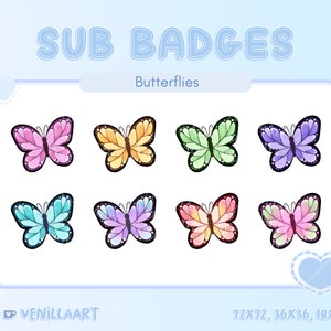 8x Cute Butterfly Sub Badges for Twitch Streamers | Rainbow Butterflies - Instant Download