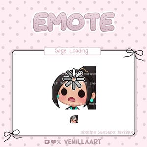 May include: A digital art design featuring a cartoon character with a surprised expression, a loading symbol, and the text "Sage Loading." The design includes a small version of the character and the word "EMOTE" at the top.