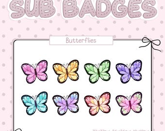 Op de afbeelding: Een verzameling van acht kleurrijke vlinderontwerpen, elk met unieke vleugelpatronen en tinten, waaronder roze, geel, groen en paars. Het woord "Butterflies" wordt boven de ontwerpen weergegeven. De tekst "SUB BADGES" staat bovenaan.