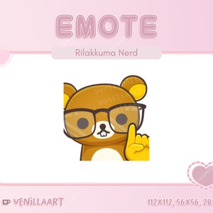 May include: A brown bear wearing glasses with a yellow finger pointing up. The text "Rilakkuma Nerd" is above the bear. The text "VENILLAART" is below the bear.