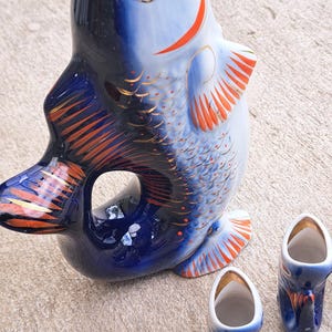 Vintage Porcelain Ukrainian Fish-Shaped Decanter Set, Elegant Handcrafted Fish Carafe & Shot Glass Set, Whiskey Vodka Barware for Couple
