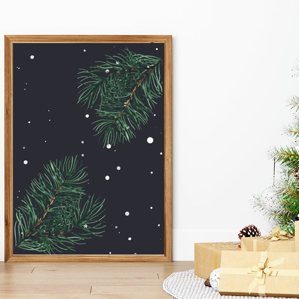 Christmas Printable Art with Black Background, Black and White Christmas Print, Watercolor Digital Print, Christmas Printable Art Download