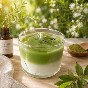 Op de afbeelding: Een glazen kaars met een gelaagd ontwerp met een witte basis en een groene toplaag, die doet denken aan een matcha latte. De kaars heeft een centraal geplaatste lont en zit in een heldere, cilindrische glazen houder met een glad uiterlijk.