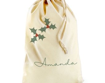 Custom Holly 2 Bag-Christmas Sack Personnalisé-Cordon Holly 2 -Sac de vacances-Sac cadeau de Noël avec nom-Grand sac-Cadeaux pour enfants de vacances