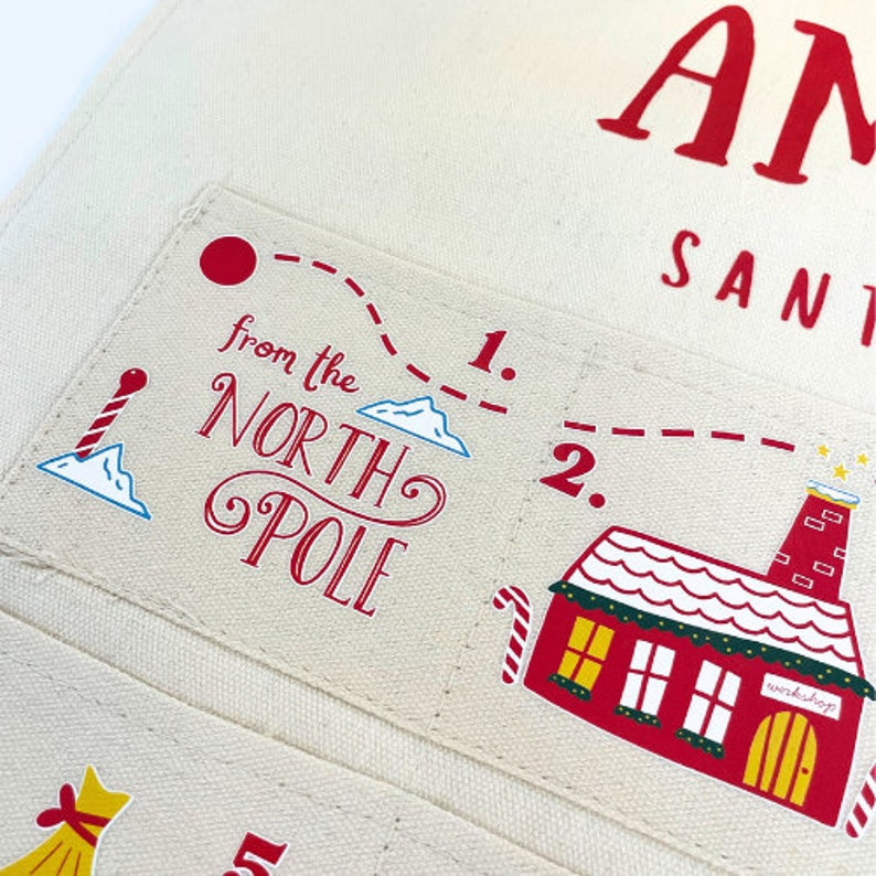 Calendrier de lAvent de Noël personnalisé en tissu Santa Tracker, tentures murales, réutilisable, Noël, Noël, compte à rebours, 24 poches image 9