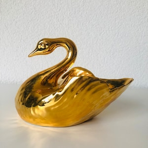 Vintage Swan Ligomes France gold hard-paste porcelain sugar bowl with metal tongs Swan figurine French R. Montigny et Cie 1960s