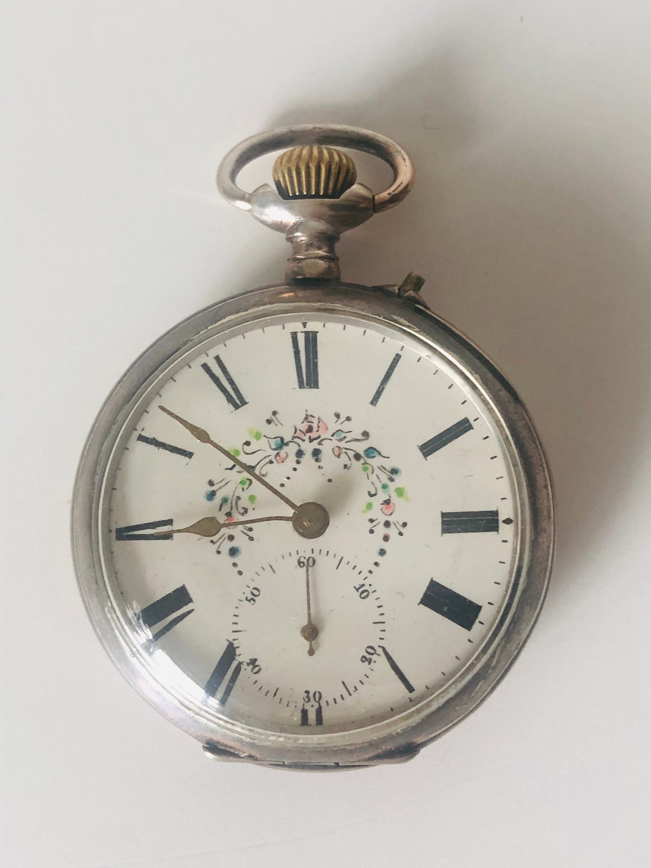Vintage Antique Pocket Watch With Flower Paintings and Flower