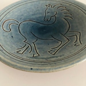 Vintage French blue ceramic bowl hand painted horse Nigon Savignies French 1980s