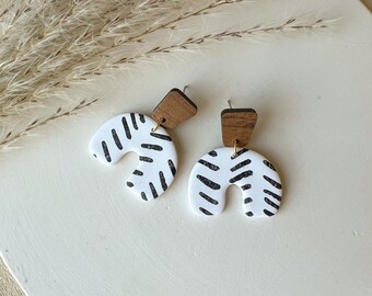 Black and white boho clay arch earrings | small dangle earrings | lightweight earrings | neutral earrings | hypoallergenic