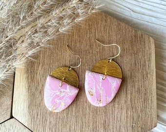 Pink marbled clay dangle earrings| Barbie earrings| lightweight earrings| gifts for her| gold earrings| pink earrings| marbled earrings