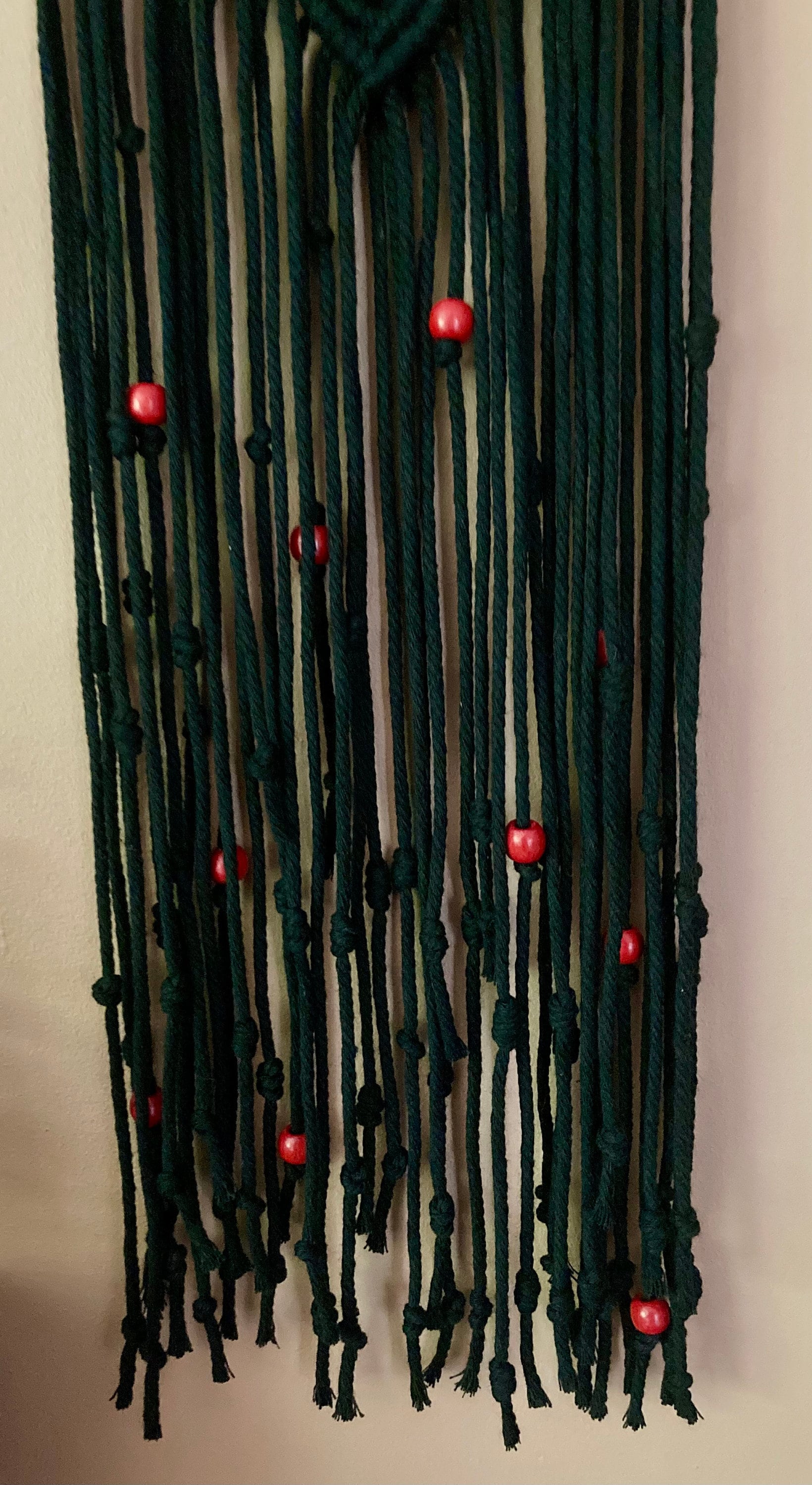 Black Macrame Hanging: Gothic Boho Wall Art with Red Beads, Room Accessory, Dreamcatcher style.