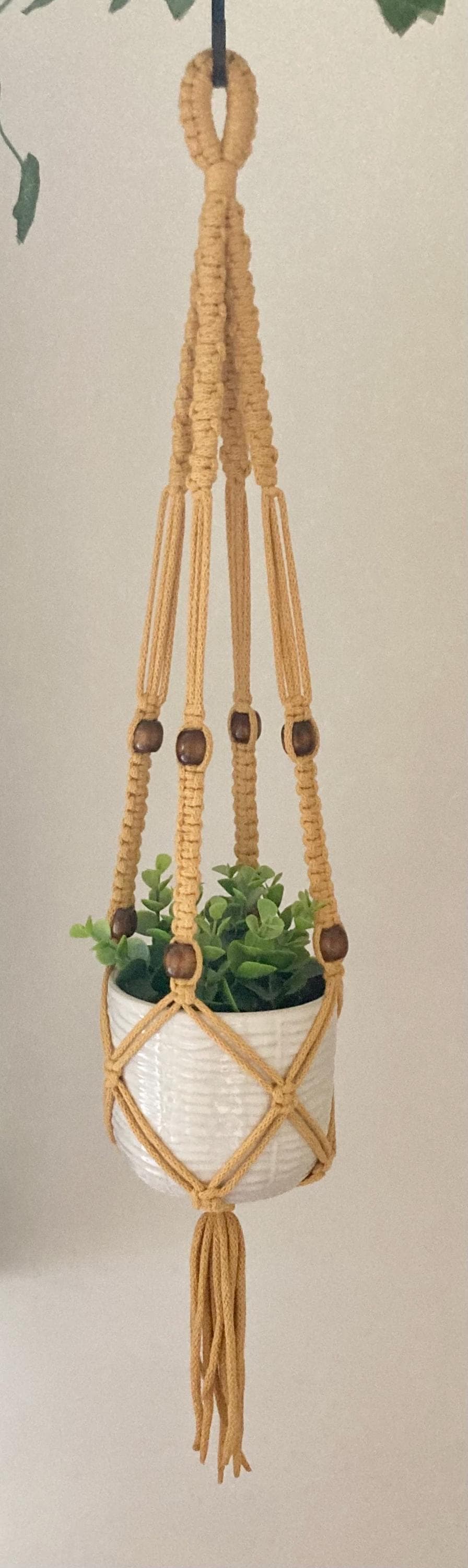 Macrame Hanging Plant Holder: Mustard Yellow Braided Cord with Brown wooden beads, Boho Decor, retro, home decor.