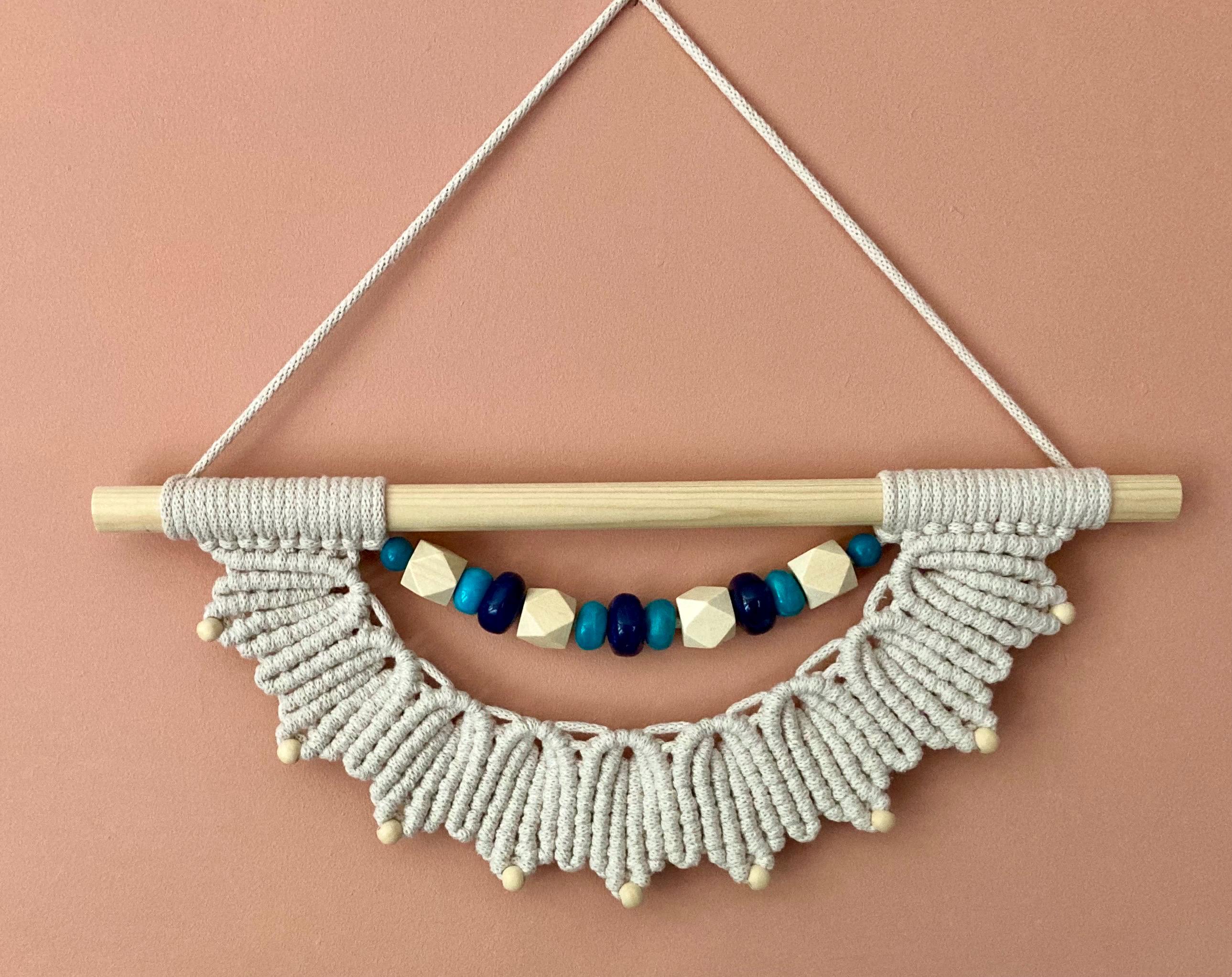 Beige Macrame Wall Hanging with Teal & Blue Beads, Boho Decor