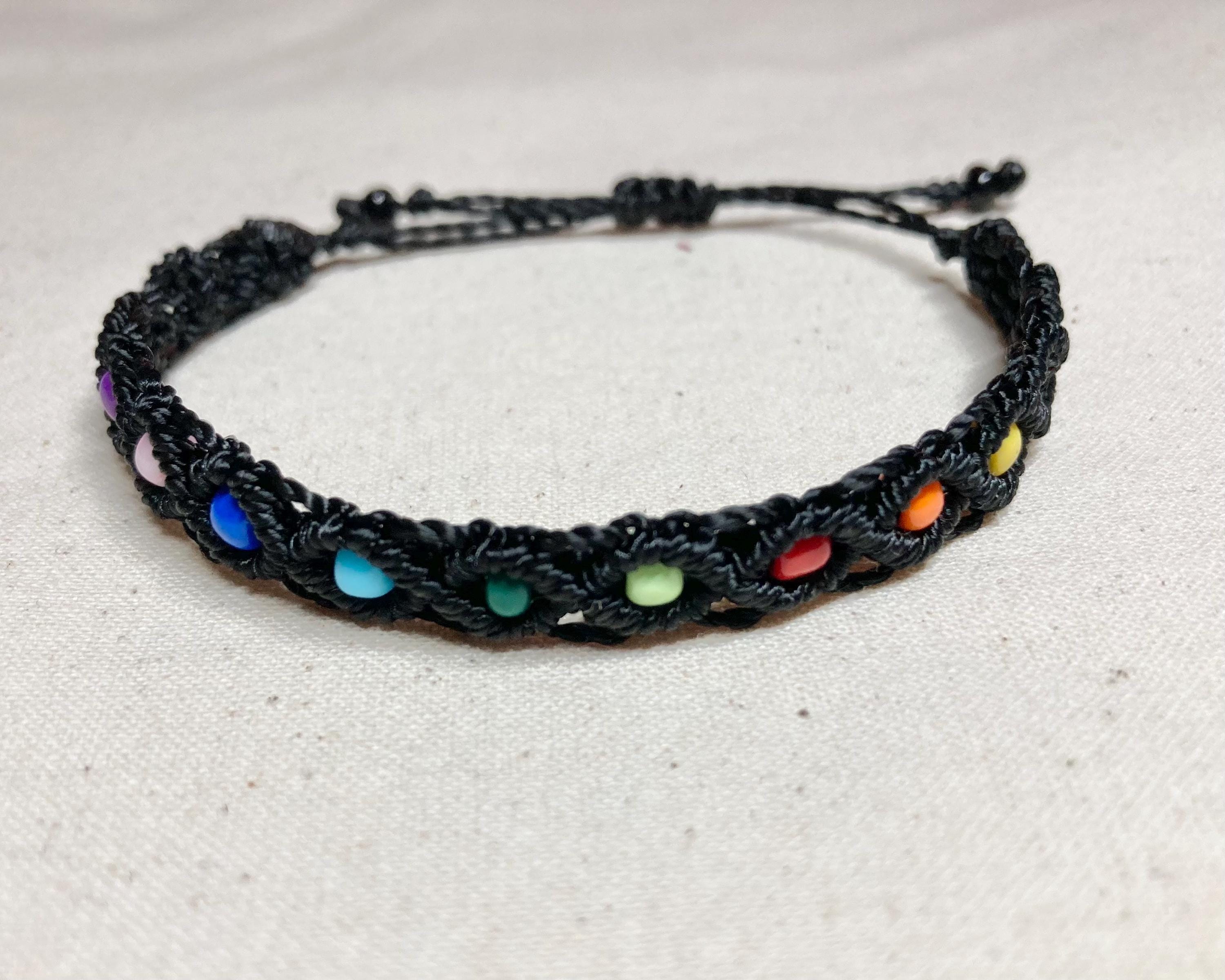 Adjustable Rainbow Glass Bead Macrame Bracelet