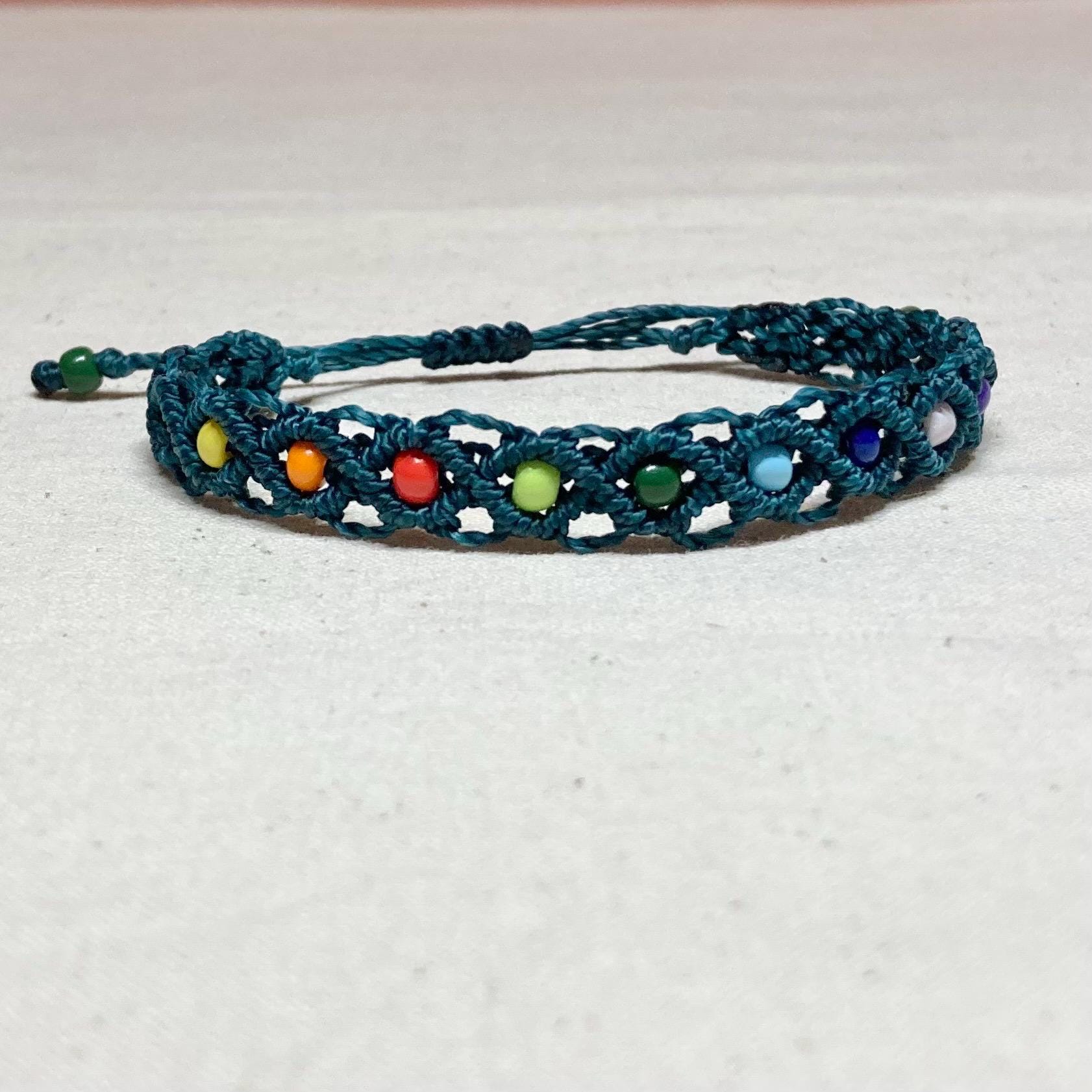 Black Macrame Adjustable Rainbow Glass Bead Bracelet