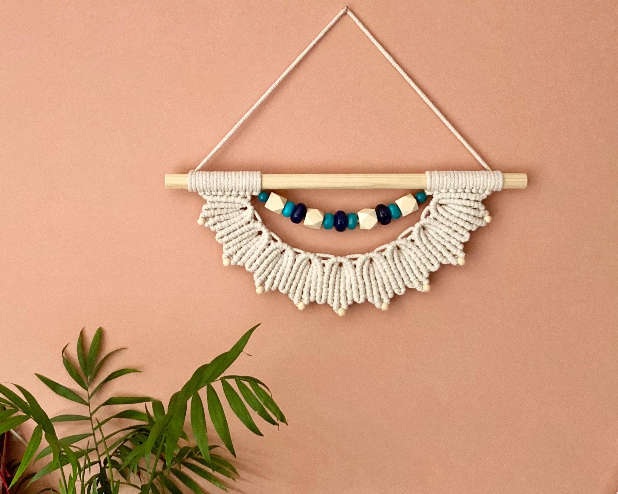 Beige Macrame Wall Hanging with Teal & Blue Beads, Boho Decor